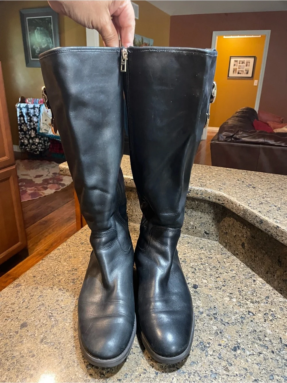 Coach Easton Black Calf Leather Tall Riding Boots Sz 9 Gold Accented Logo Buckle